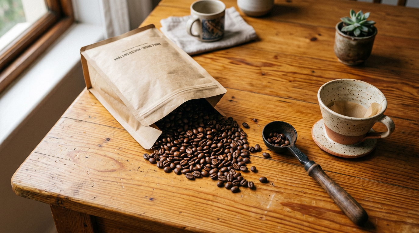 Overhead flat-lay of a plain kraft coffee bag tipped over, spilling freshly roasted specialty beans onto a warm wooden table with a scoop and dripper nearby.