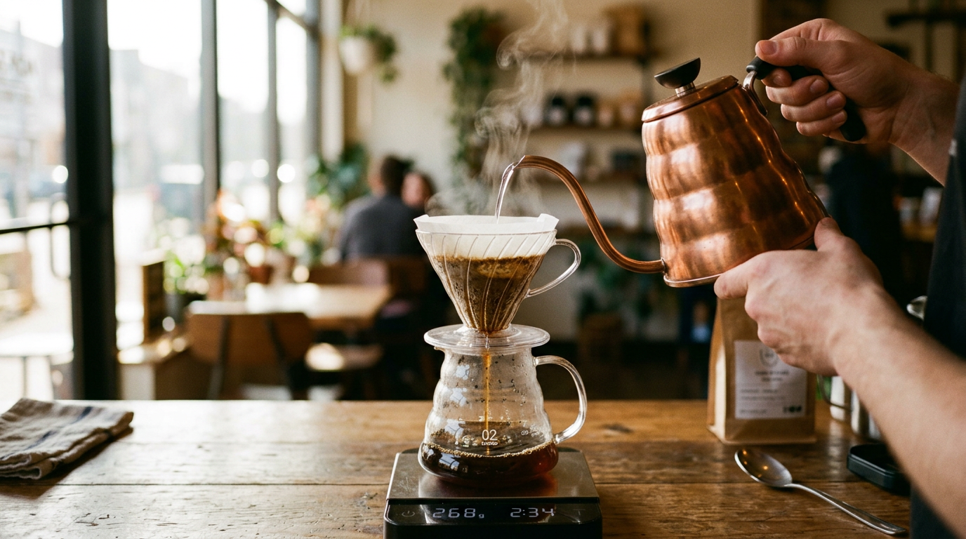 A pour-over brew in progress — a gooseneck kettle pouring a controlled stream of hot water over a glass dripper and fresh grounds, warm cafe light.