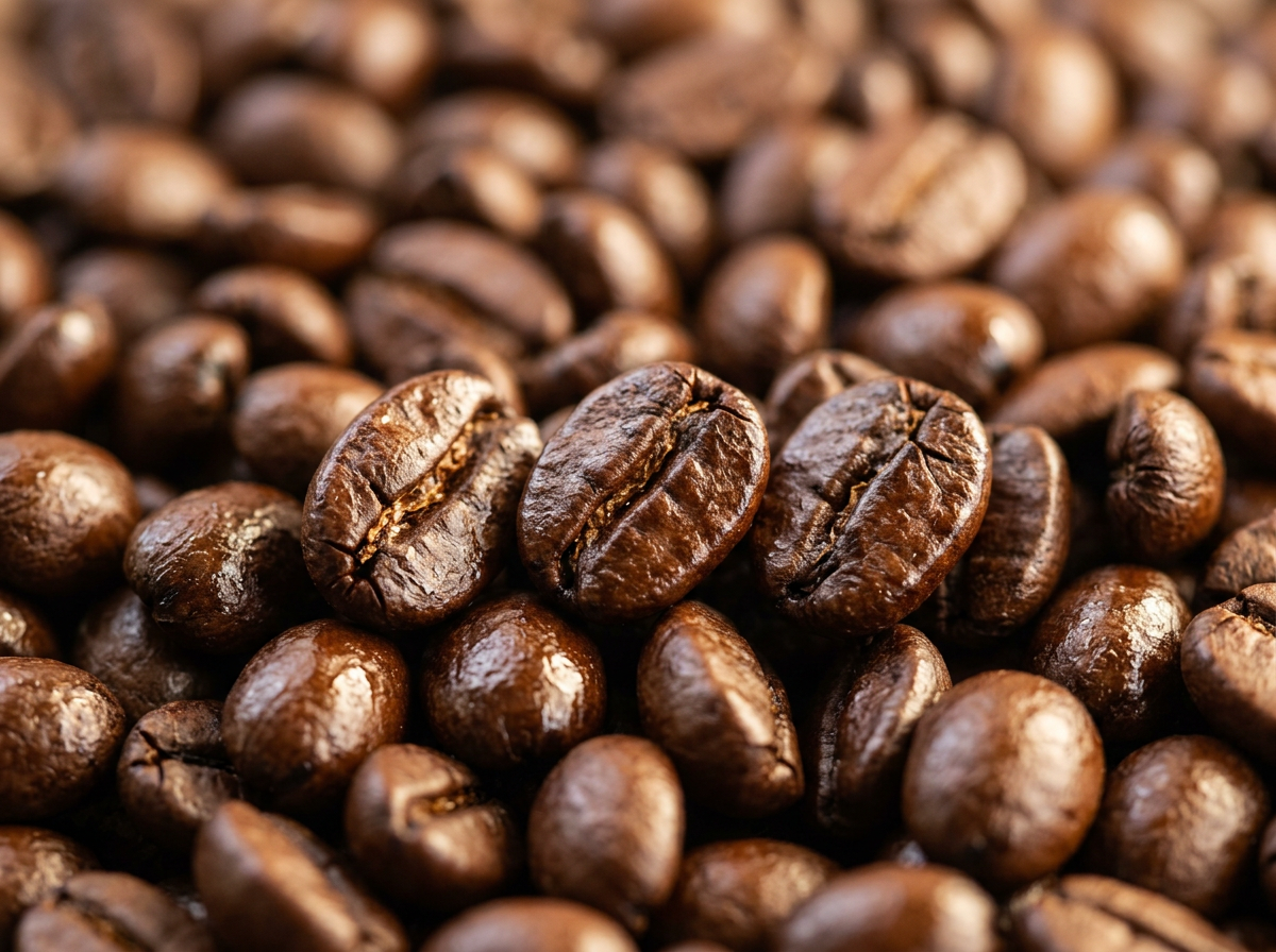 Extreme macro close-up of glossy freshly roasted single-origin coffee beans, natural light revealing their oils and centre crease.