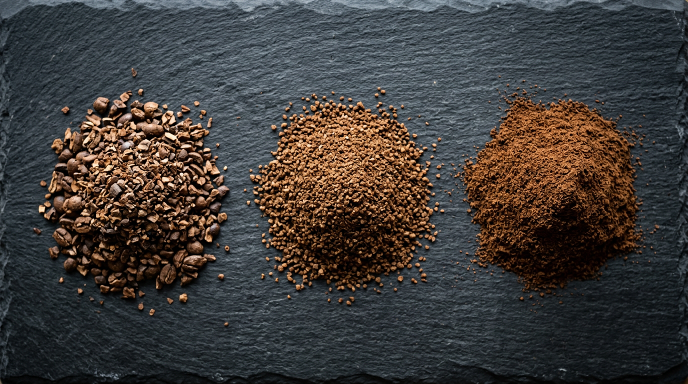 Three piles of ground coffee in a row on a dark slate surface, from coarse on the left to fine espresso powder on the right, top-down view showing the texture differences.