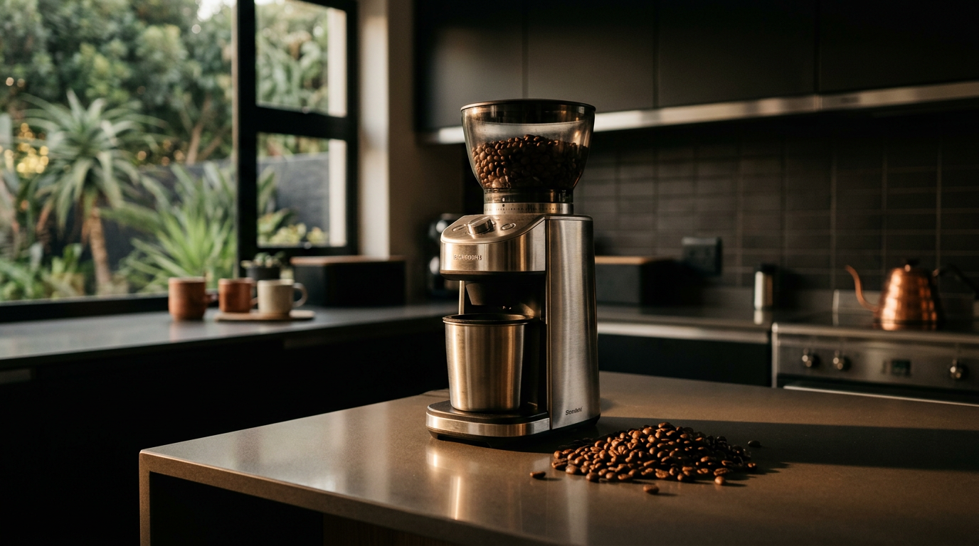 A modern burr coffee grinder on a clean kitchen counter beside a small pile of whole roasted beans, moody warm side lighting.