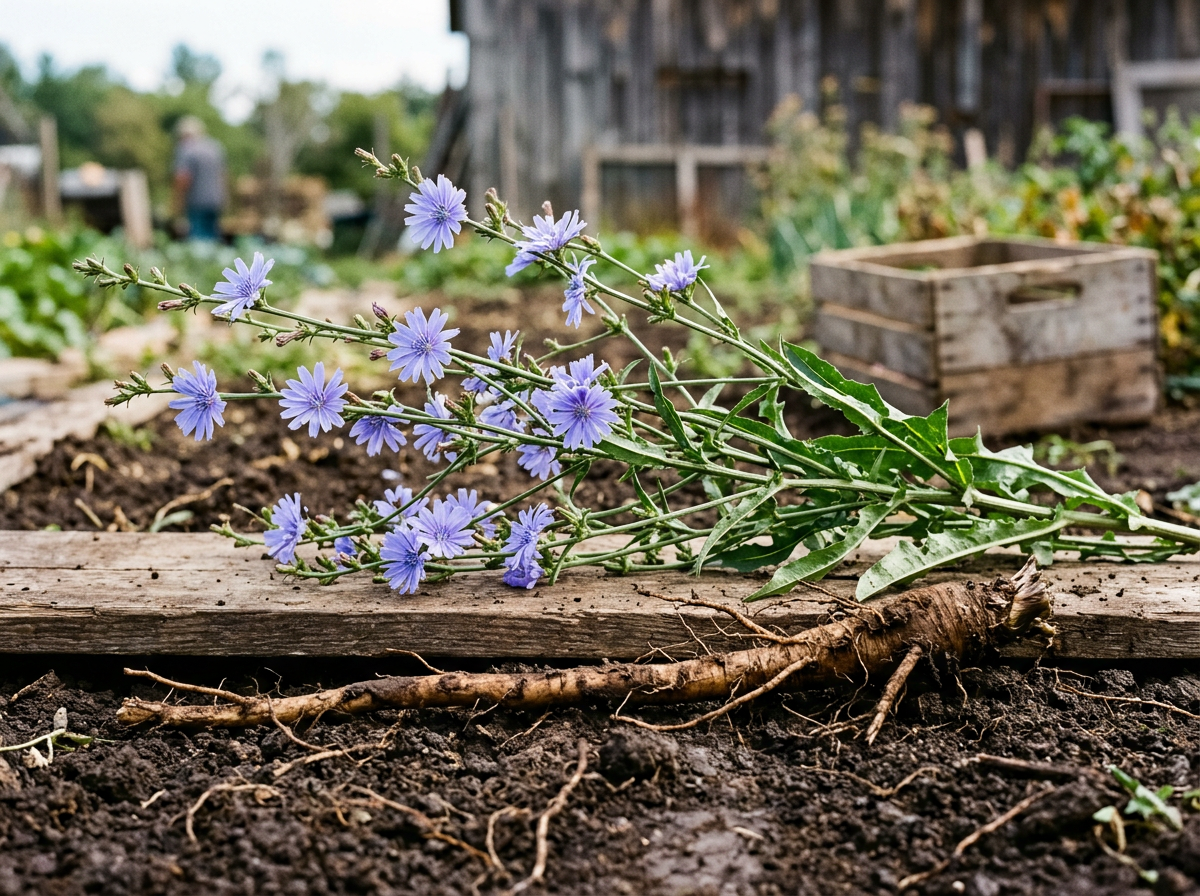 A chicory plant showing bright blue-lavender flowers above and a cleaned brown taproot laid beside the stem, on dark soil.