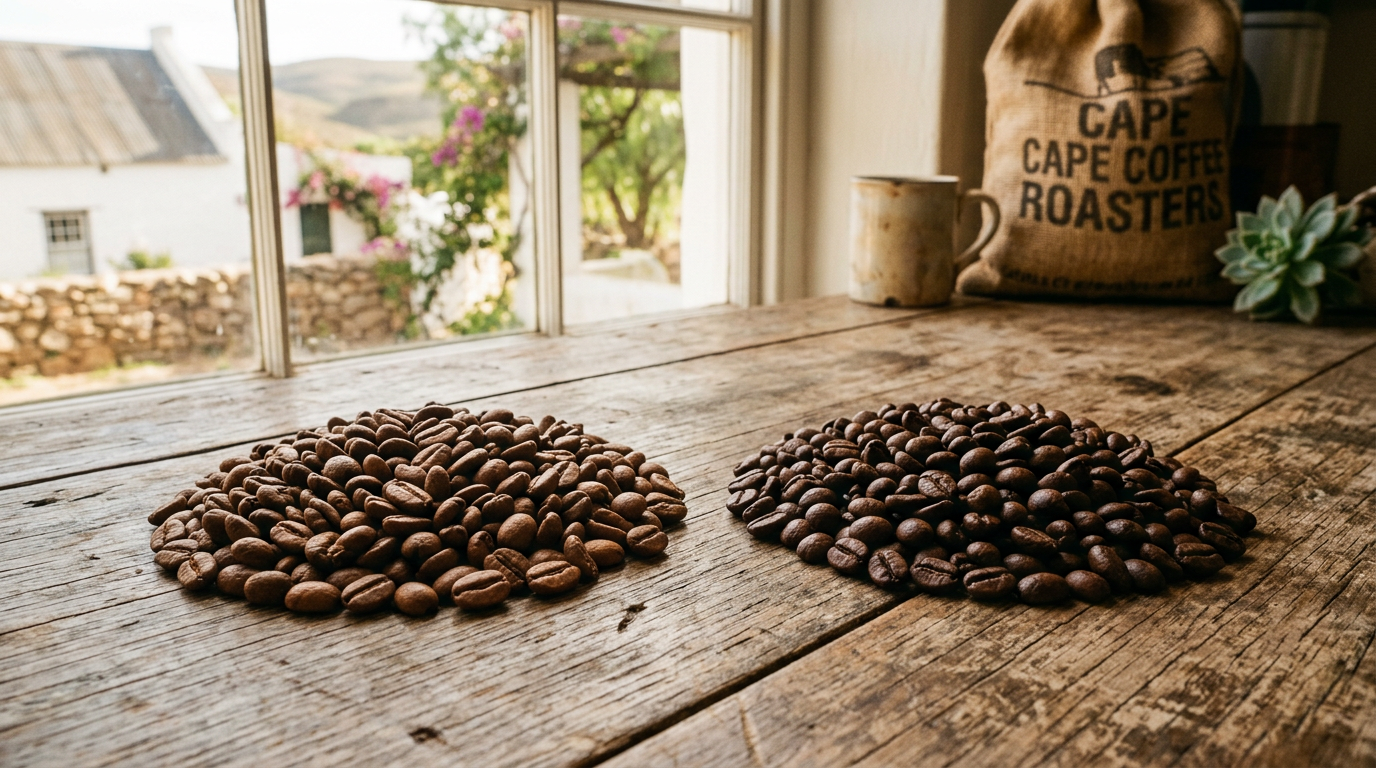 Two piles of roasted coffee beans side by side — lighter, elongated arabica on the left and rounder, darker robusta on the right — on a weathered wooden surface.