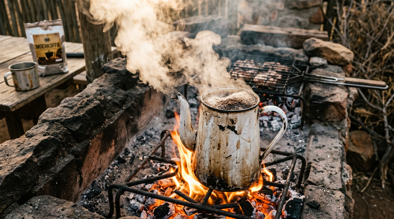 Coarse coffee grounds boiling in a battered white enamel pot over glowing coals and open flames outdoors, steam rising, in a rustic South African braai setting.