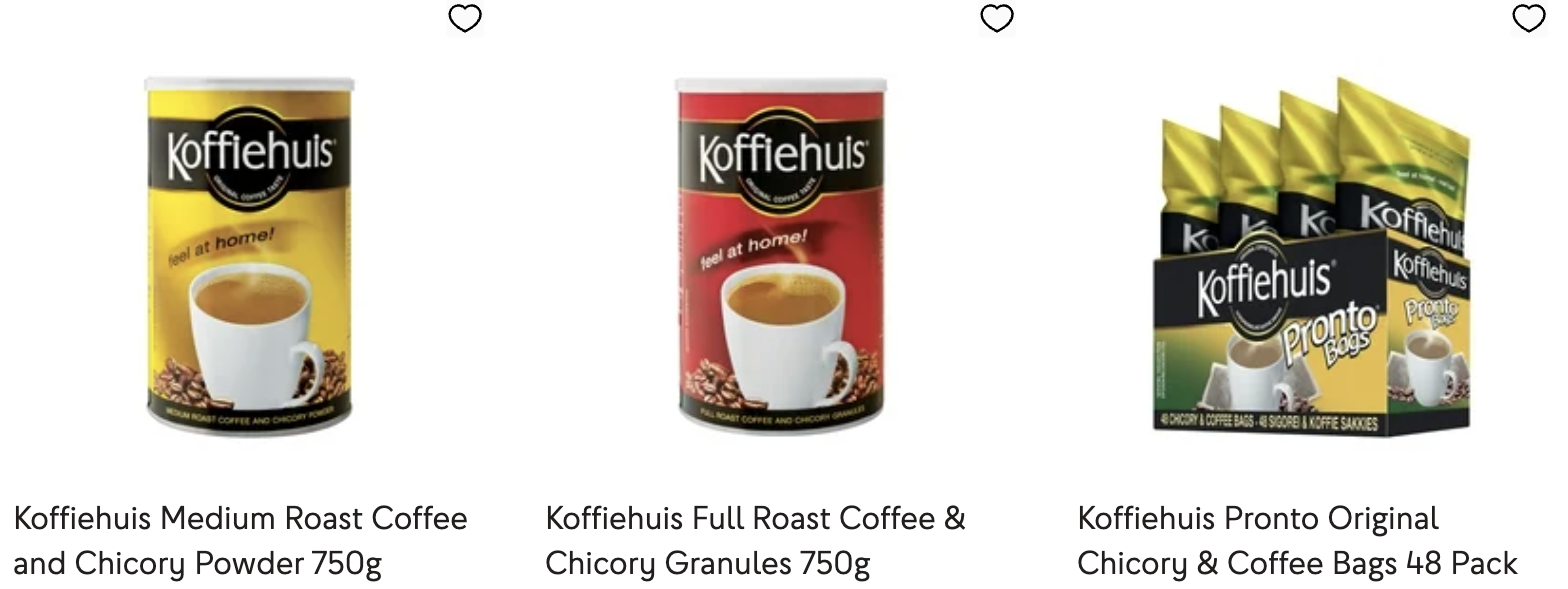 Koffiehuis range — Medium Roast Coffee and Chicory Powder 750 g, Full Roast Coffee & Chicory Granules 750 g, and Pronto Original Chicory & Coffee Bags 48-pack.