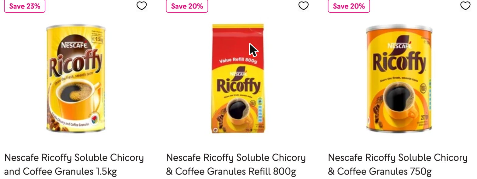 Nescafé Ricoffy chicory-and-coffee granules — the 1.5 kg tin, 800 g refill pouch and 750 g tin currently on South African shelves.
