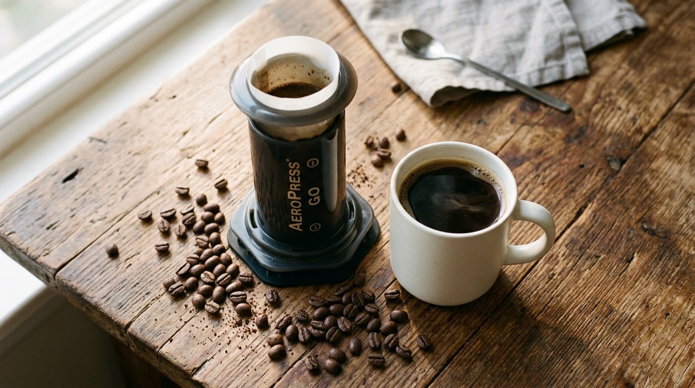 AeroPress brewer on a wooden table with freshly brewed coffee