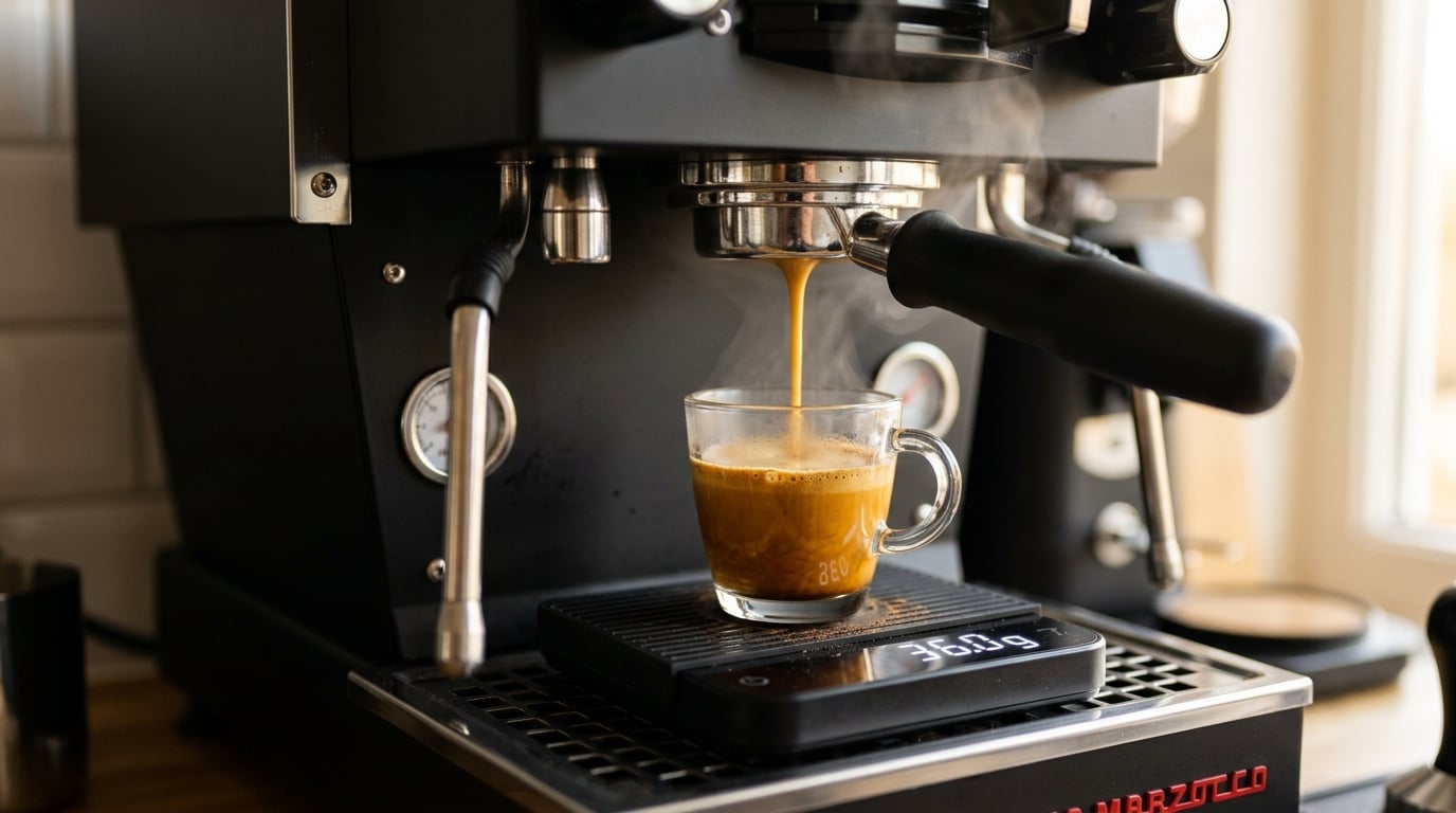 Close-up of the Meraki’s built-in scale reading 36.0 g as espresso pours into a glass cup