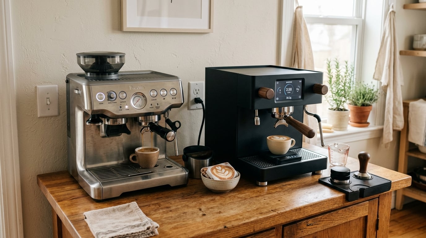 A classic stainless-steel espresso machine and a sleek modern black one side by side on the same kitchen counter
