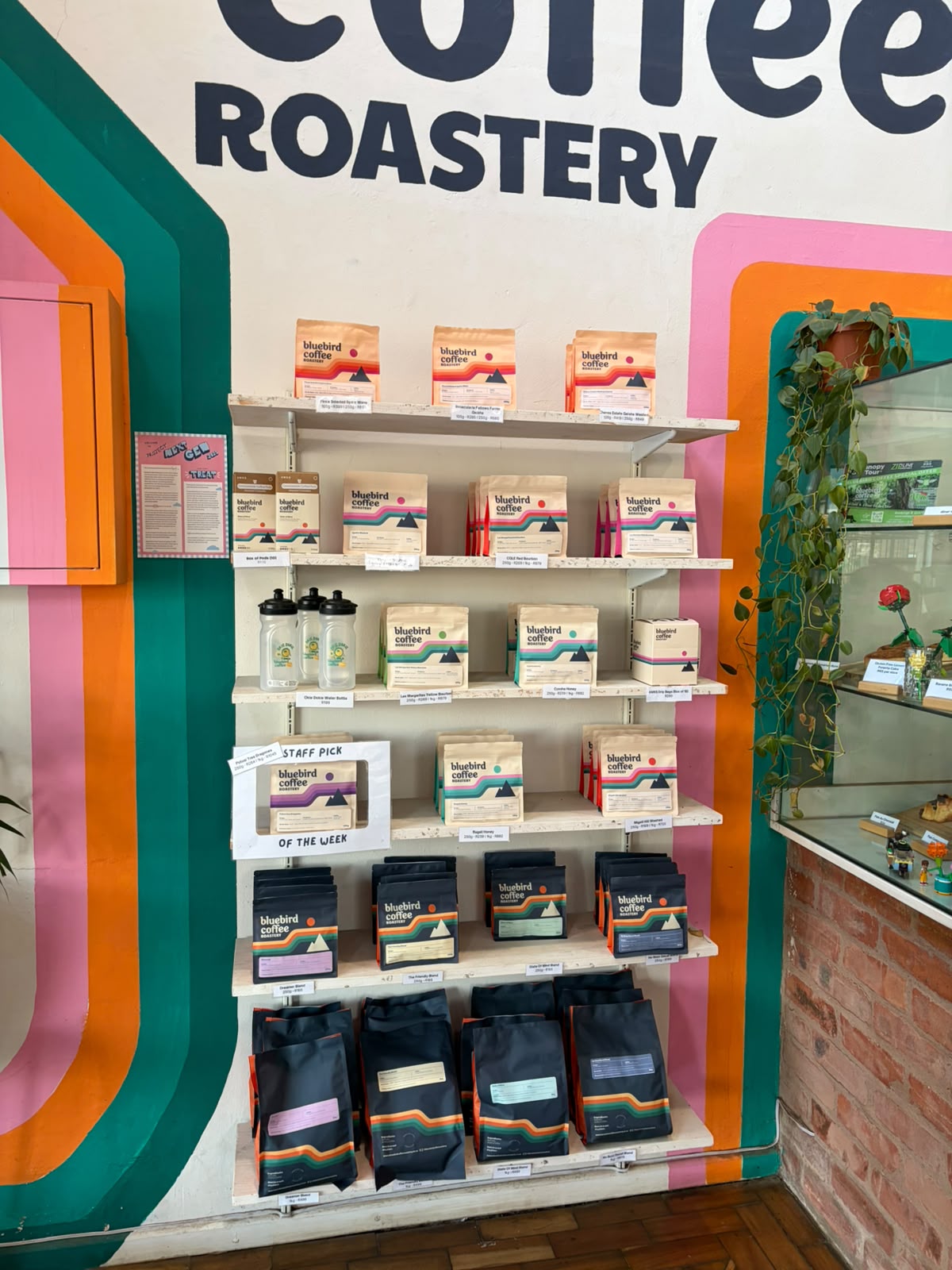Bluebird's bag wall — kraft paper bags with geometric mountain graphics in every colourway