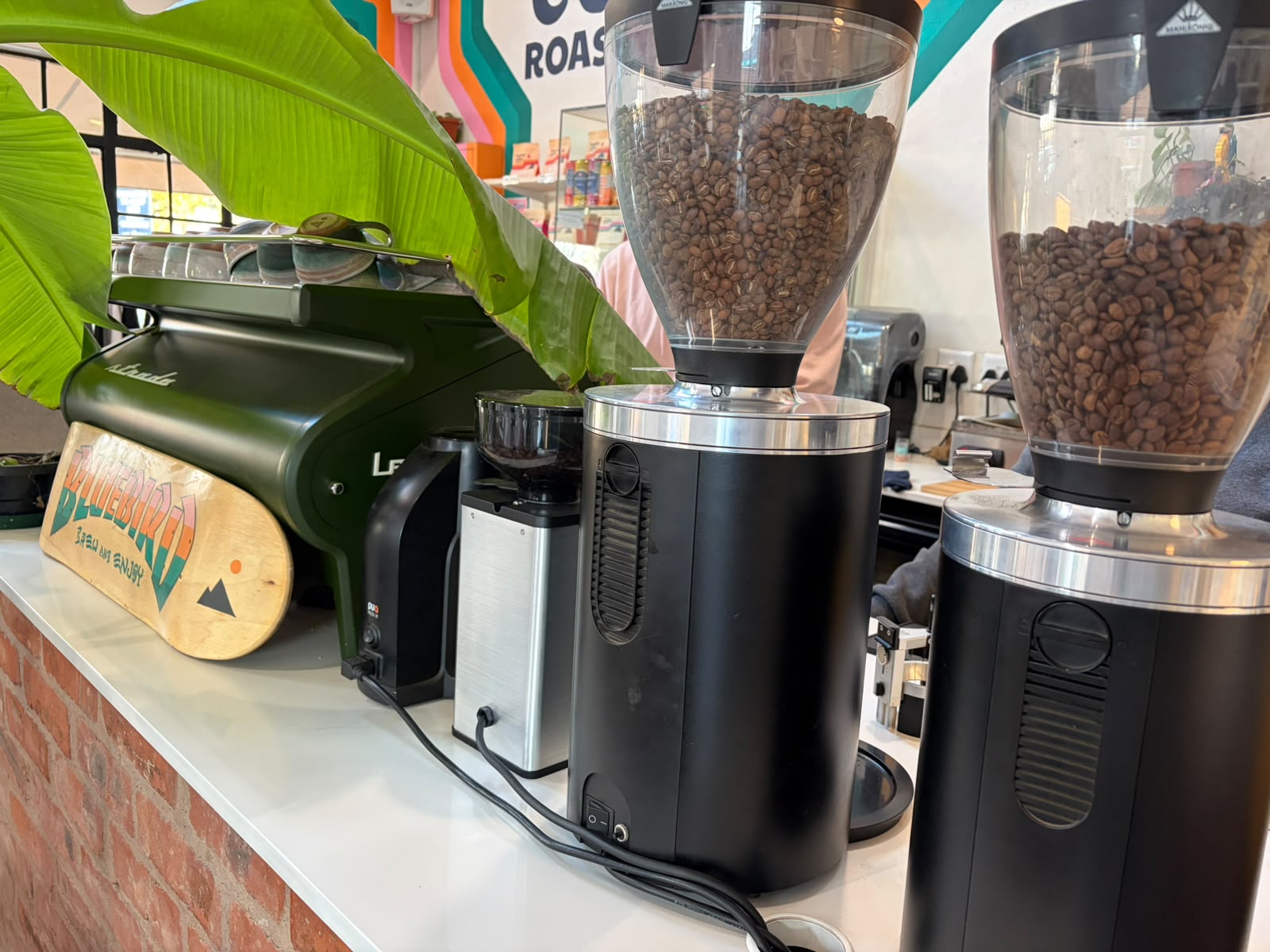 Bluebird's grinders — Mahlkönig commercials with full hoppers, and the green espresso machine with that Bluebird skateboard