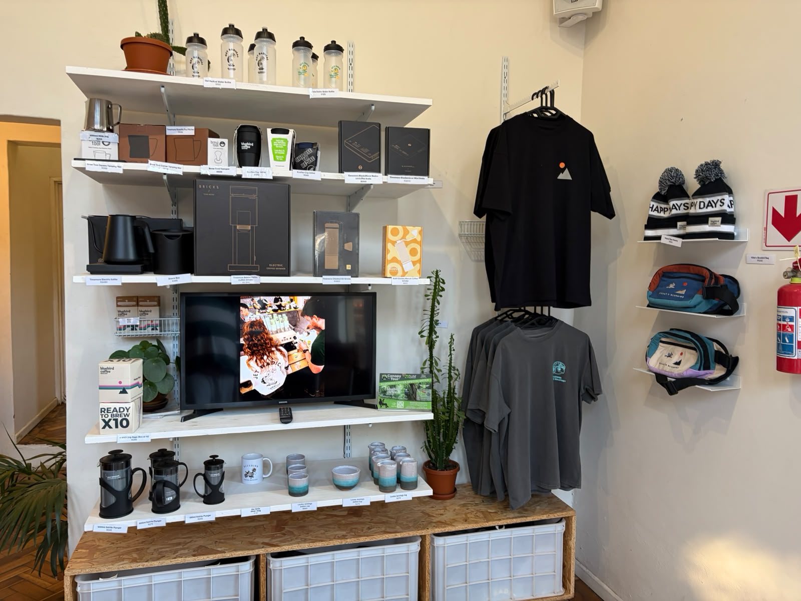 Bluebird merch wall — t-shirts, beanies, cycling caps, French presses, and a TV playing roastery content