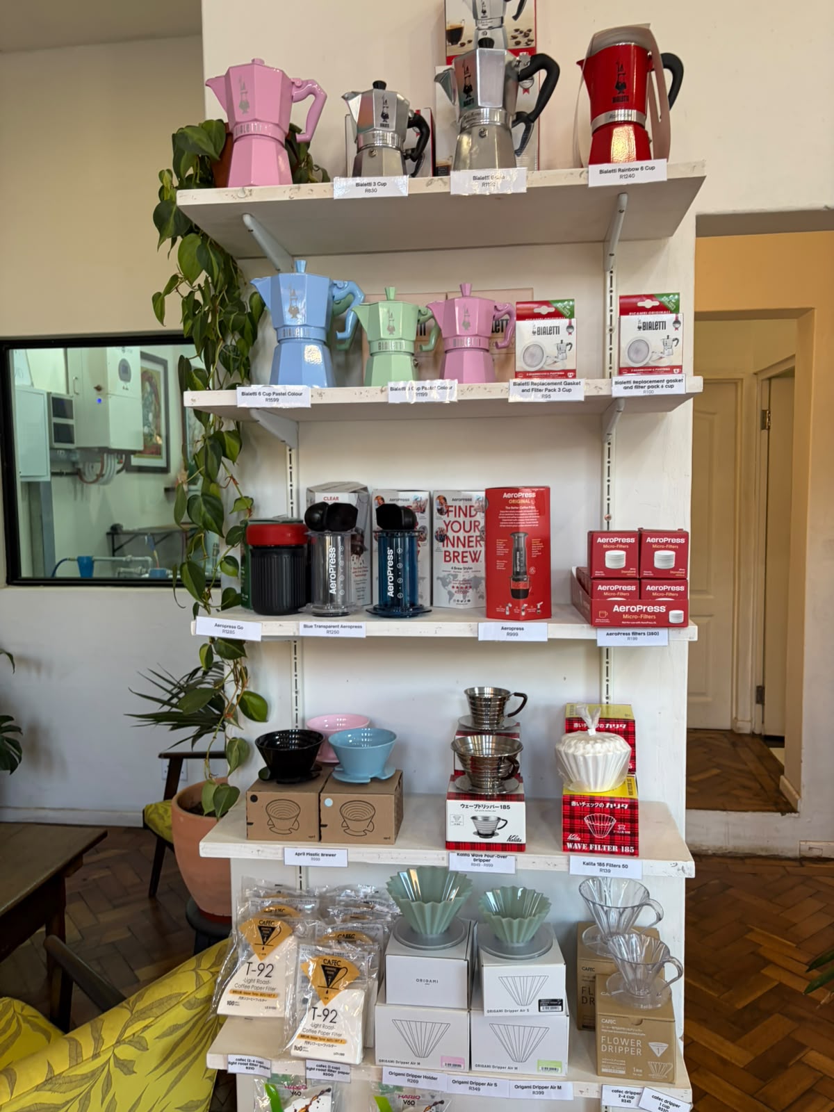 Bialetti moka pots in pastel pink, baby blue, mint, and classic red — plus AeroPress kits and Kalita Wave filters