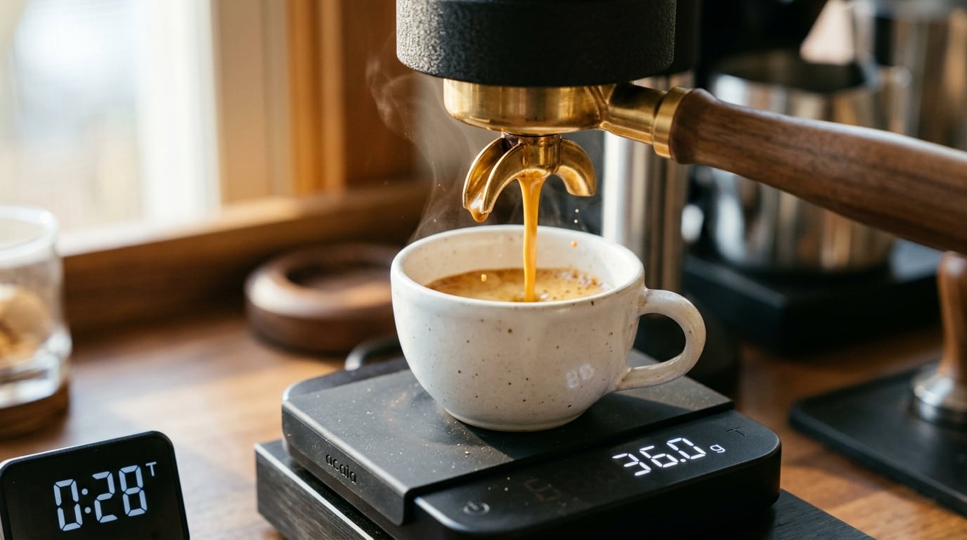Espresso extracting into a cup on a digital scale reading 36.0 g with a shot timer running