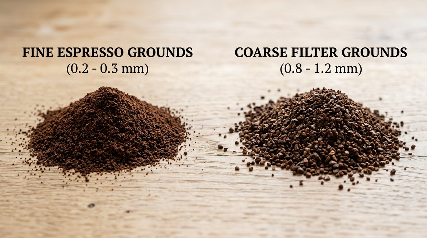 Macro comparison of fine espresso grounds next to coarse filter grounds on a light surface