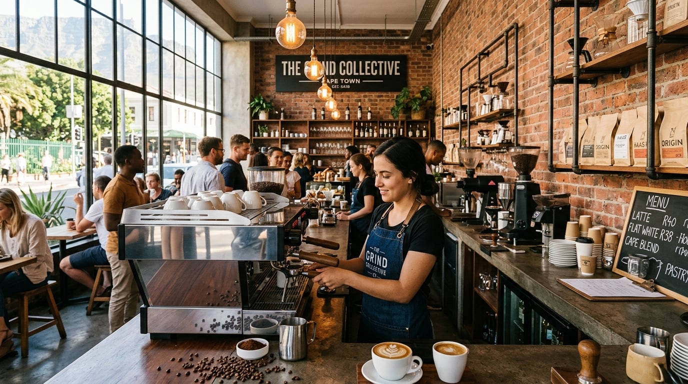 Cape Town specialty coffee scene — counters, latte art, and golden light