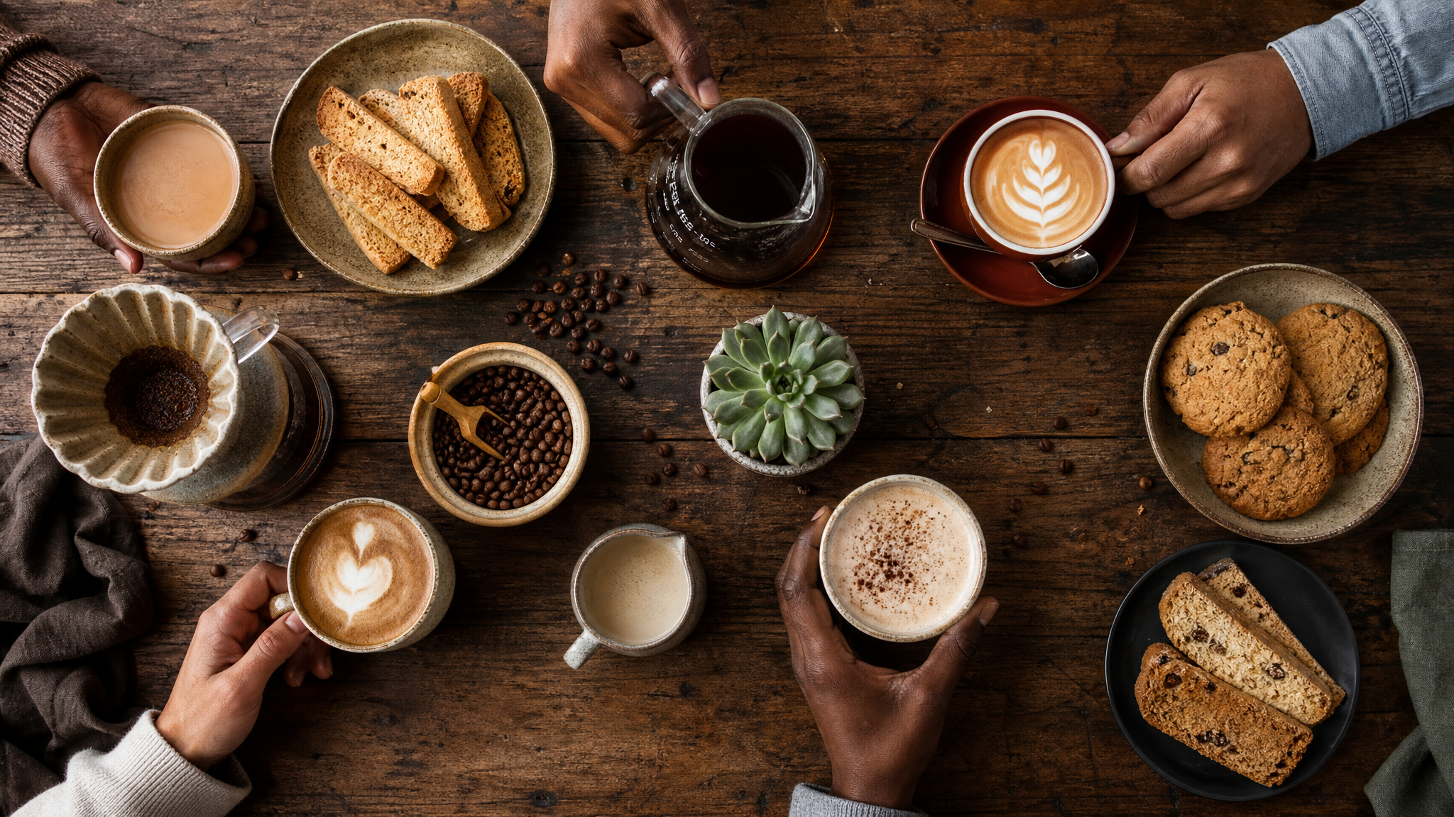 Overhead flat-lay of diverse hands holding specialty coffee cups, a pour-over dripper, rooibos drink and rusks on a wooden table
