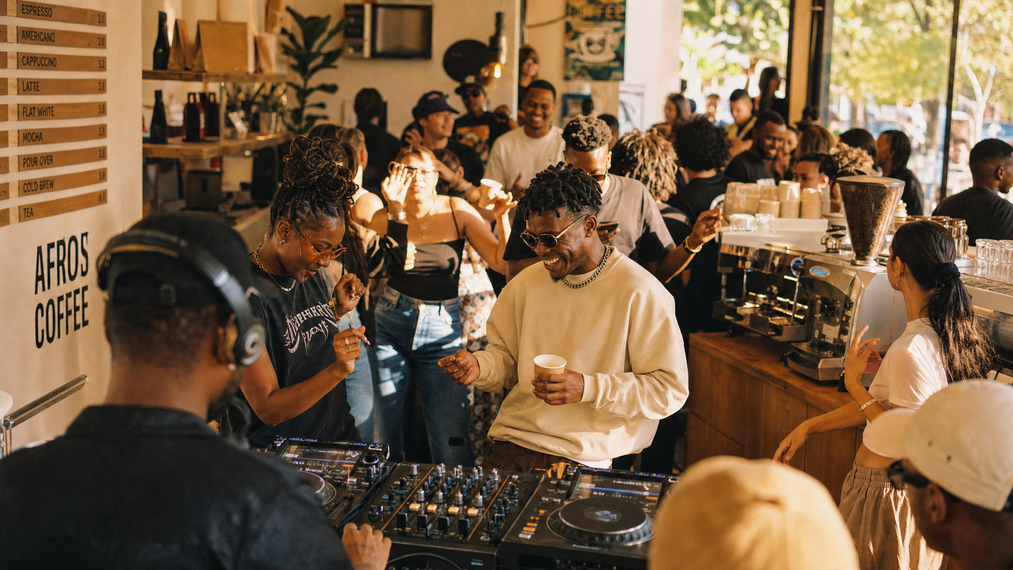 Diverse young South Africans dancing at a daytime coffee rave inside a Cape Town specialty café, DJ mixing behind an espresso machine