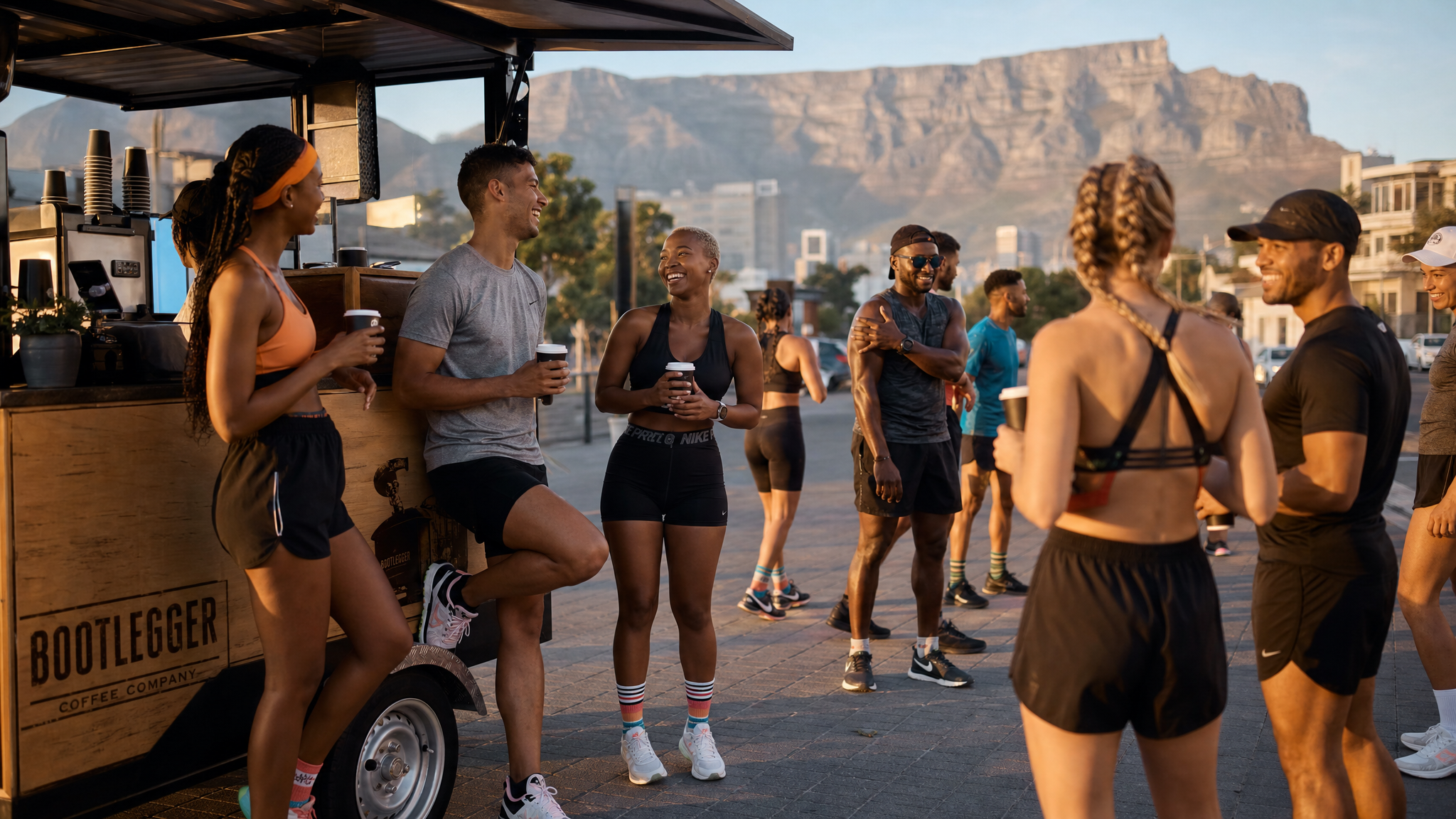 Diverse young adults in athletic wear stretching and laughing next to a coffee cart on a Cape Town street with Table Mountain in the background at golden hour