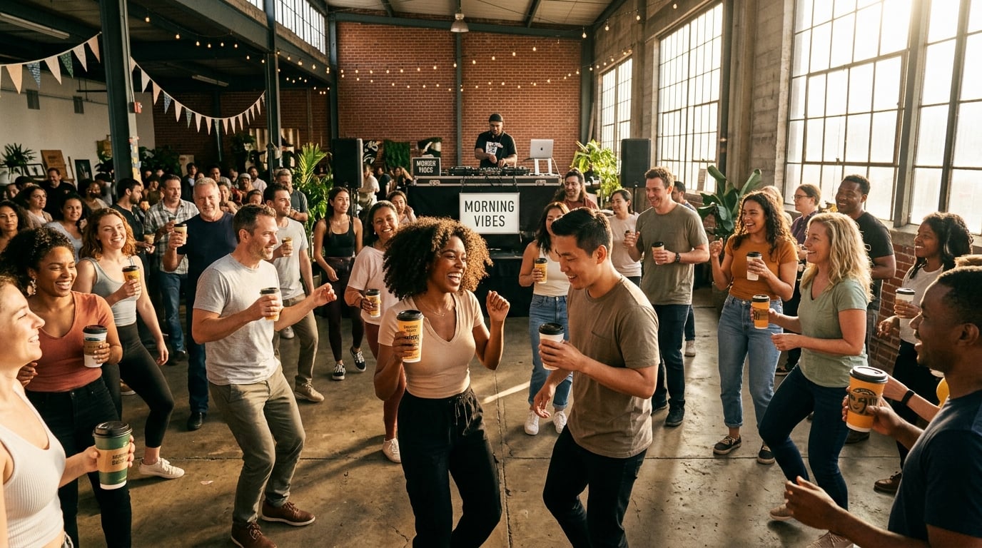 A vibrant daytime dance party with colourful lights and confetti