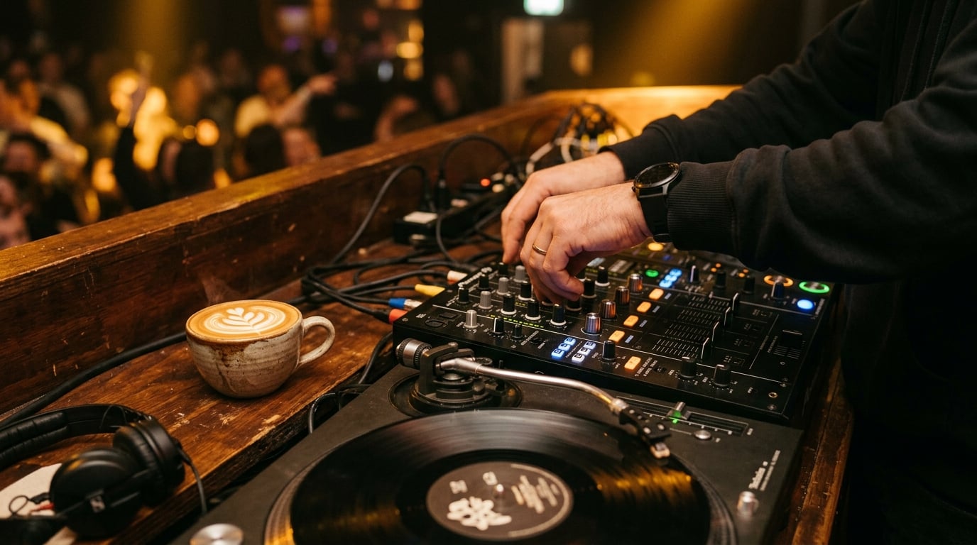DJ performing at a coffee-themed daytime event