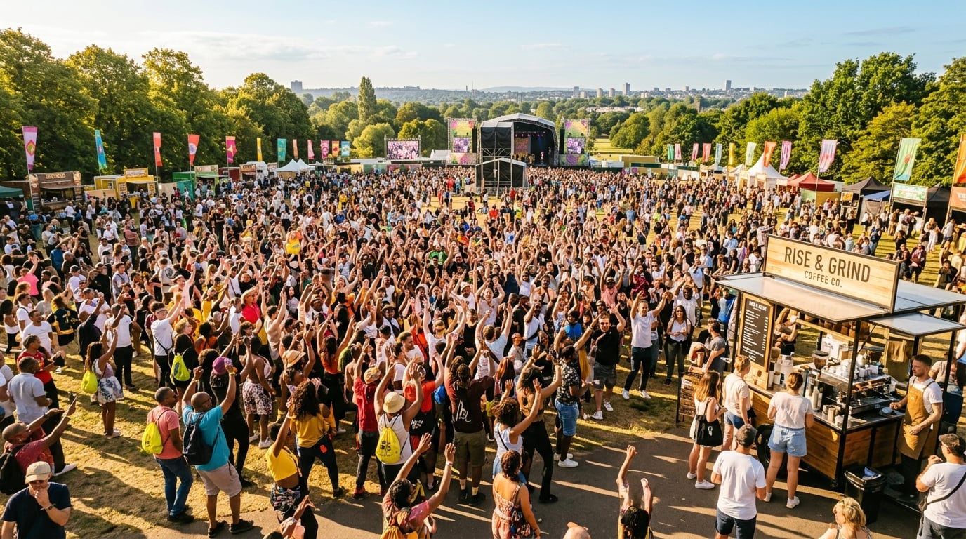 Early morning outdoor festival with golden sunrise light