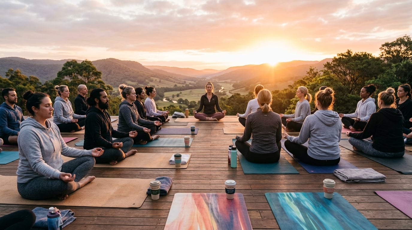 Sunrise wellness gathering with yoga and specialty coffee