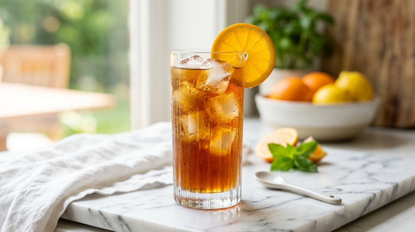 Cold brew coffee with ice in a tall glass with orange garnish