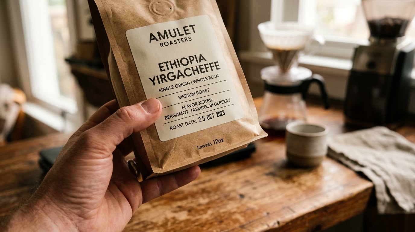 A hand holding a coffee bag with the printed roast date in sharp focus