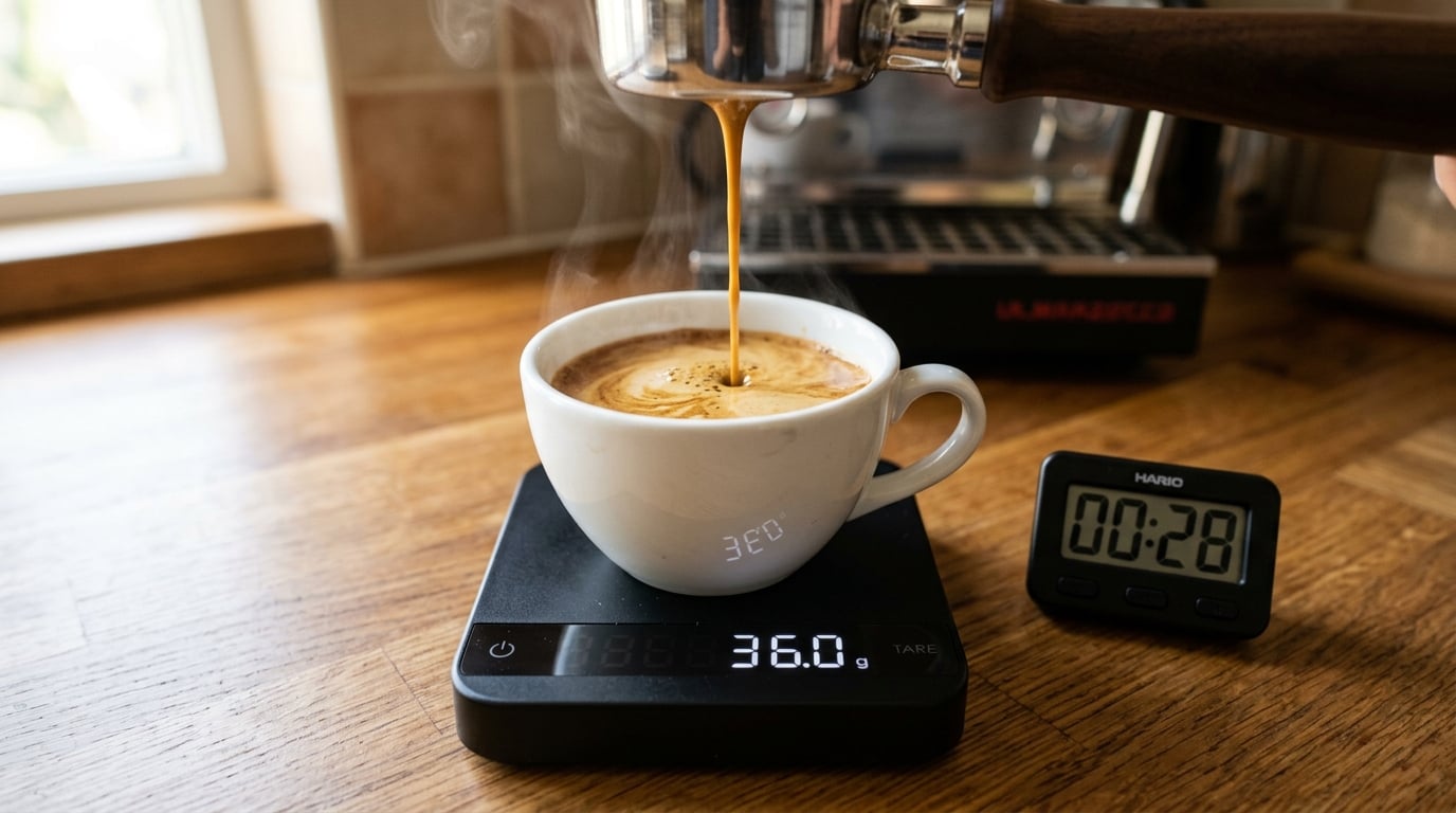 Espresso streaming onto a scale reading 36.0 g with a timer at about 28 seconds