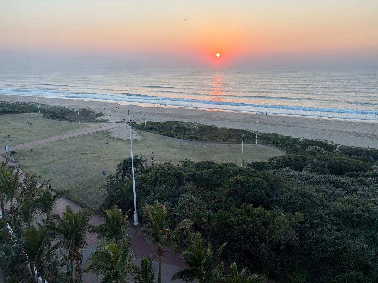 Aerial view of Durban beachfront at sunrise with palm trees, promenade and waves
