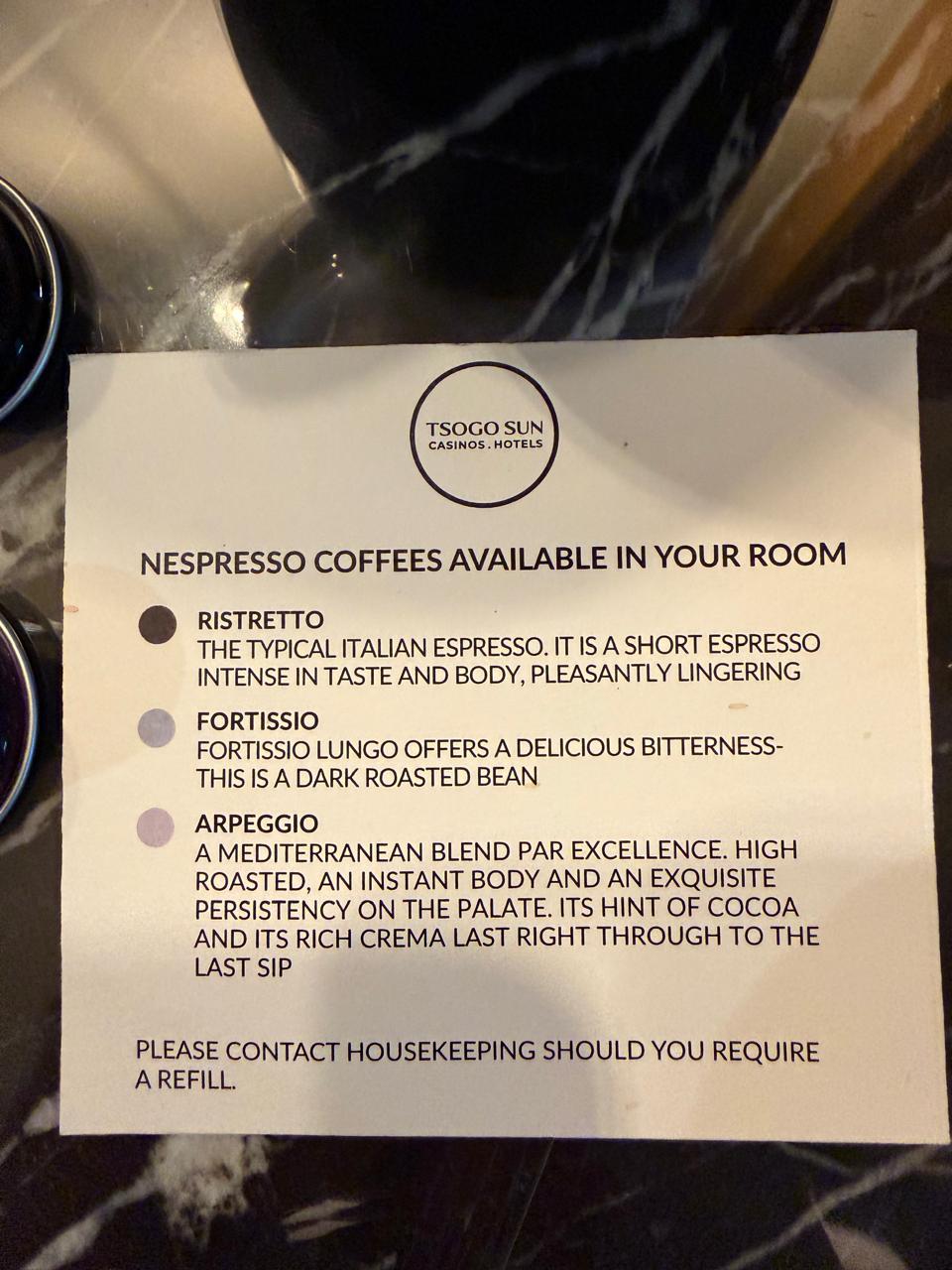 Tsogo Sun hotel card listing the Nespresso capsules available in the room: Ristretto, Fortissio and Arpeggio