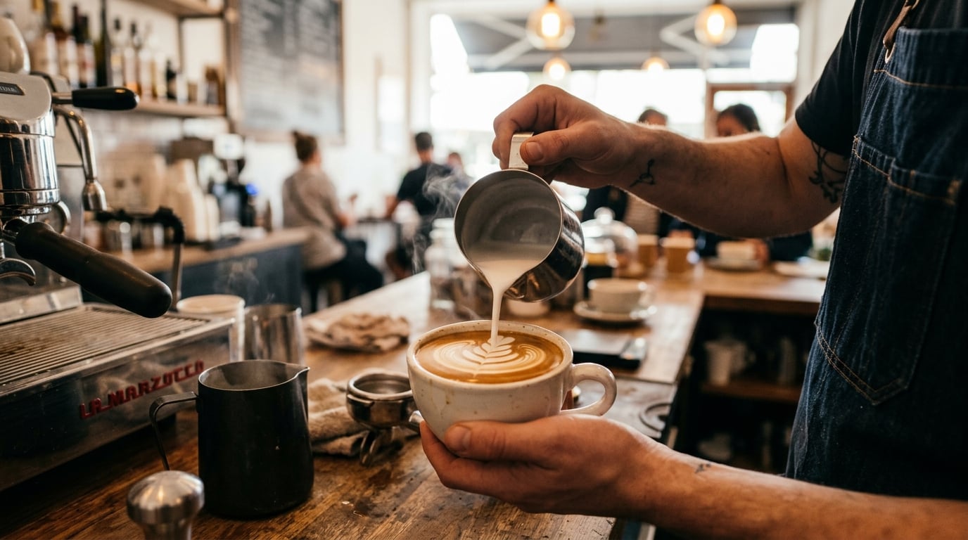 Flat white latte art being poured into a ceramic cup