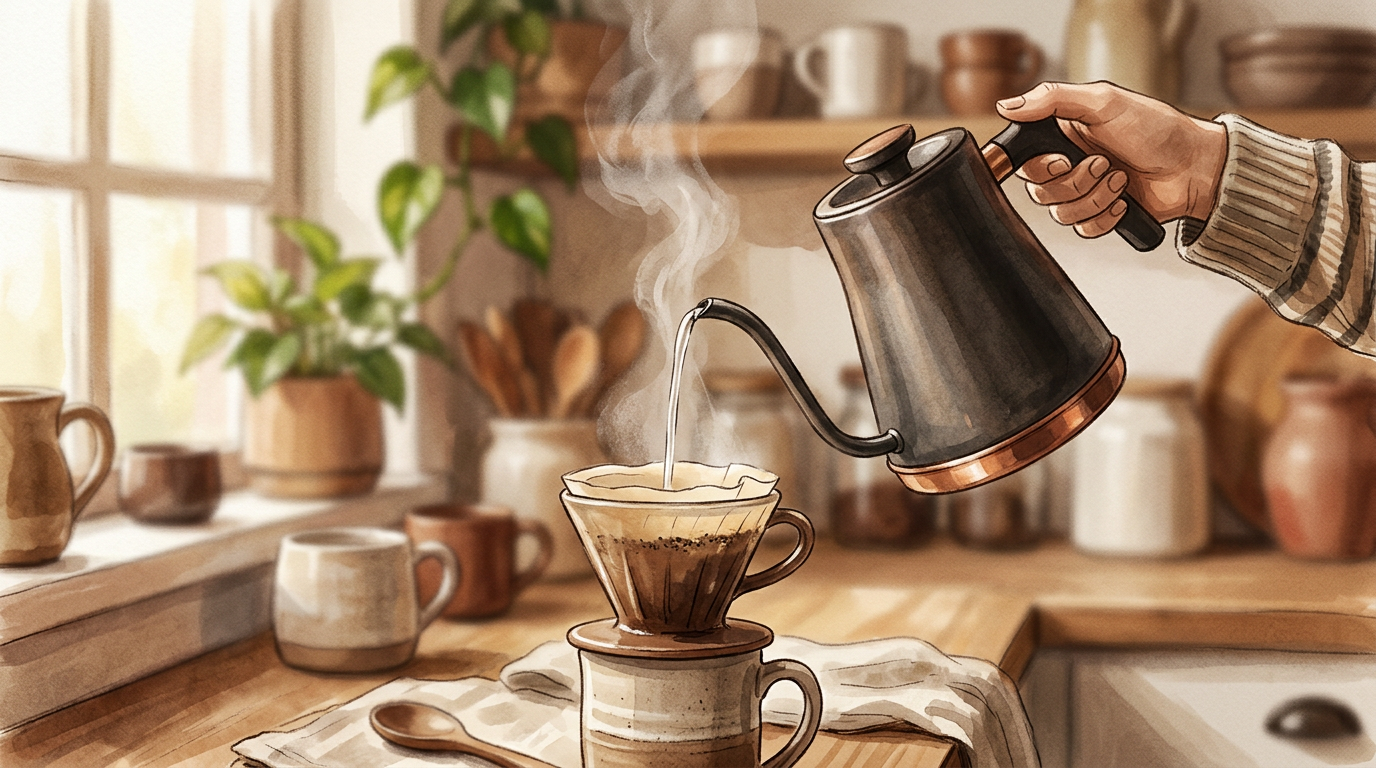 A gooseneck kettle pouring a steady stream of hot water, steam rising
