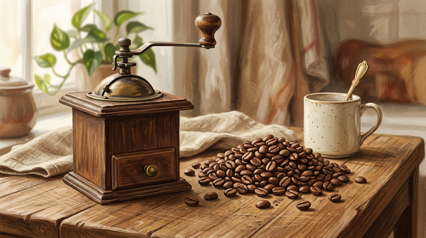 A burr grinder beside a small pile of fresh coffee beans on a wooden counter