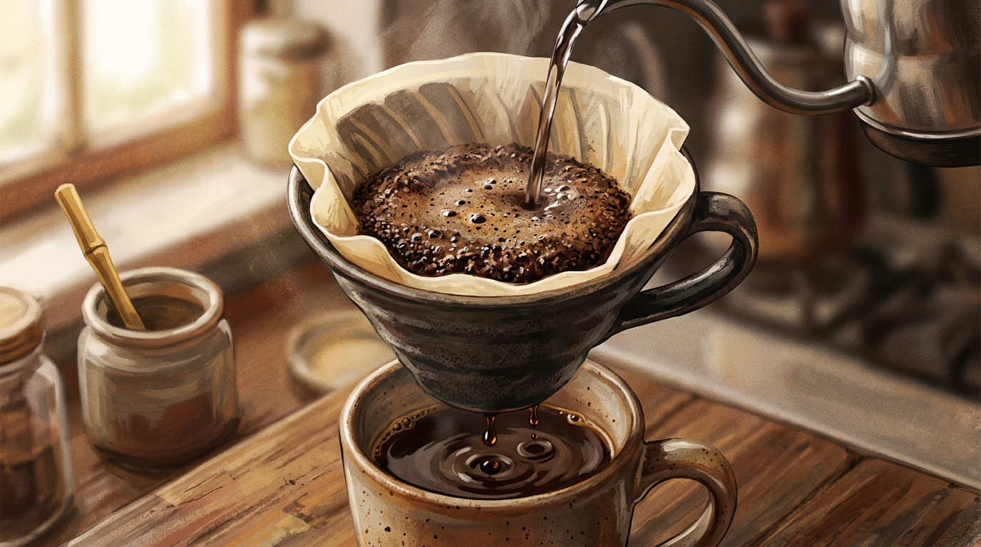 A pour-over dripper mid-brew with the coffee blooming through a paper filter