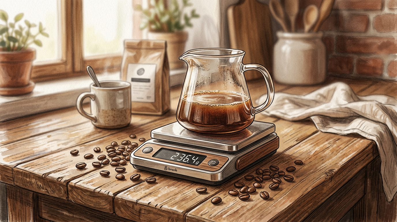 A small precision scale weighing a coffee vessel, beans scattered nearby