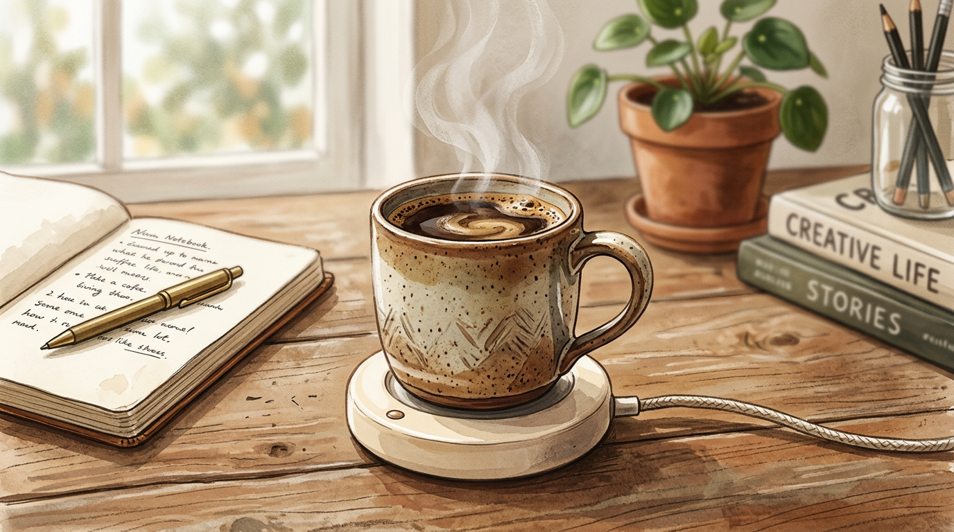 A mug of coffee resting on a small electric cup warmer on a desk, gentle steam rising