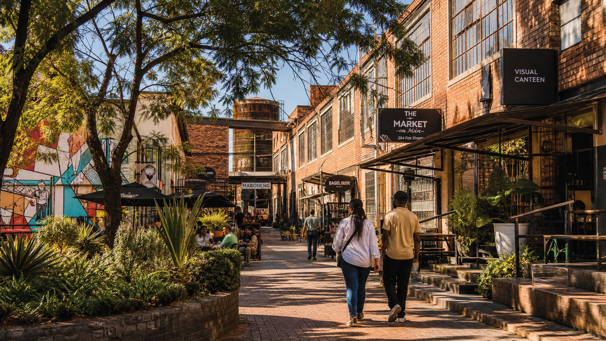 The creative urban precinct at Victoria Yards, Johannesburg — red-brick industrial buildings with courtyard gardens and an artsy community atmosphere