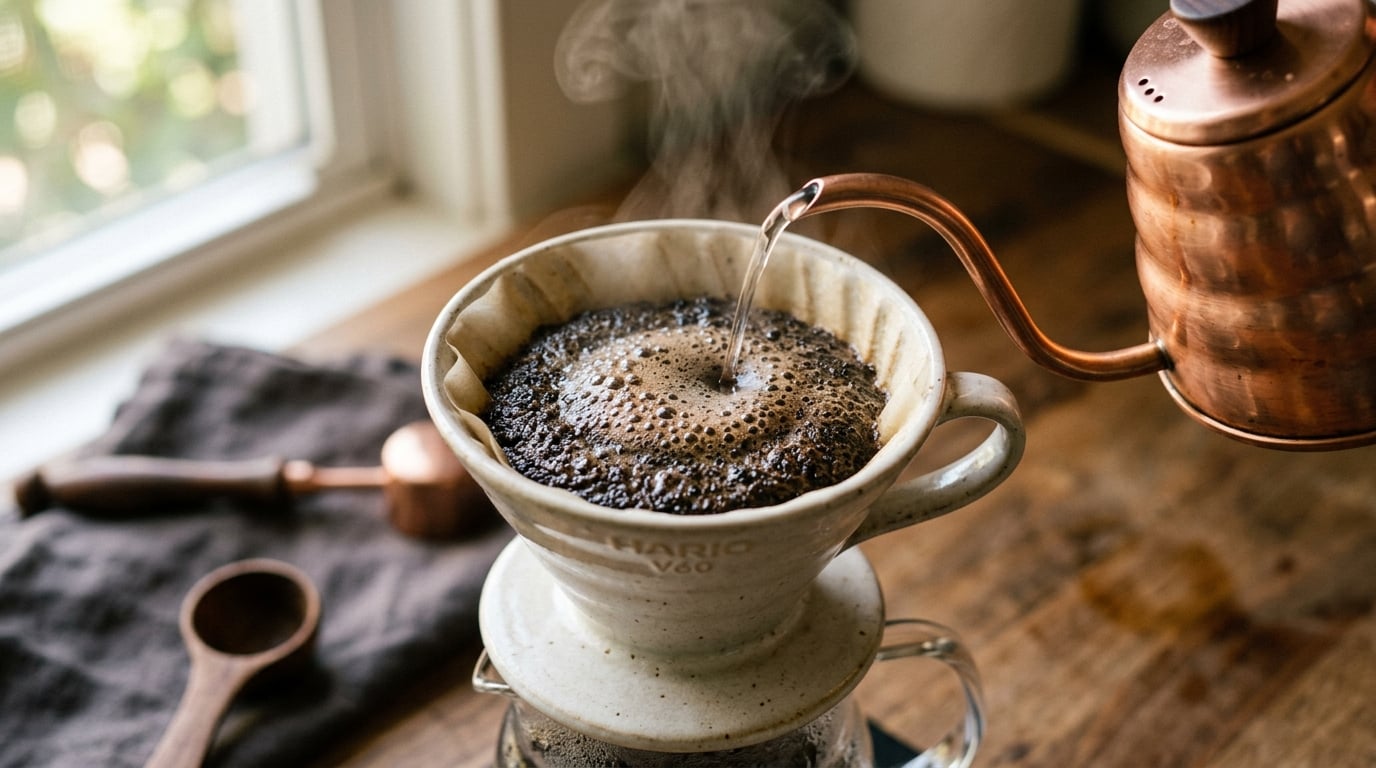 A pour-over dripper blooming with visible CO2 bubbles as a gooseneck kettle pours