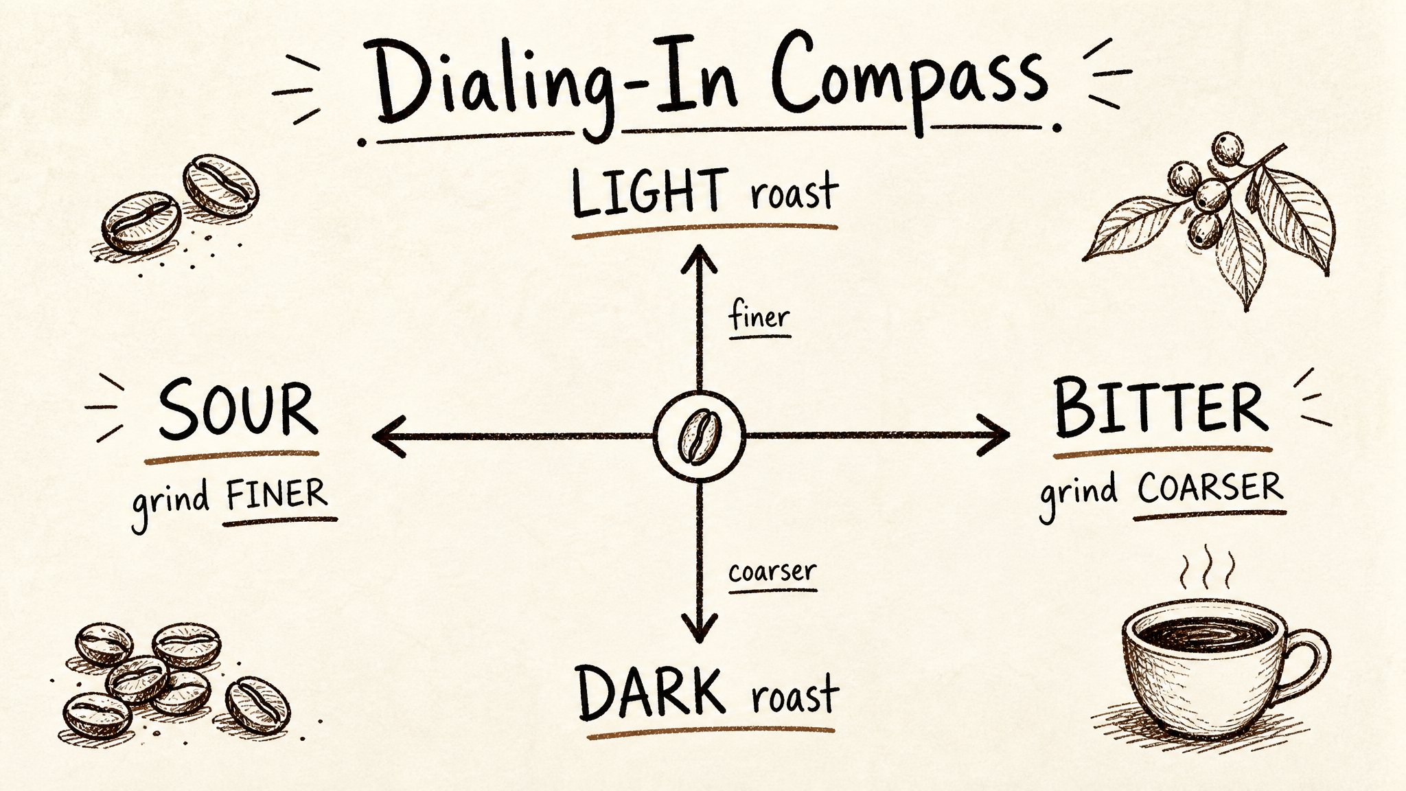 The dialing-in compass: sour means grind finer, bitter means grind coarser, light roast finer, dark roast coarser