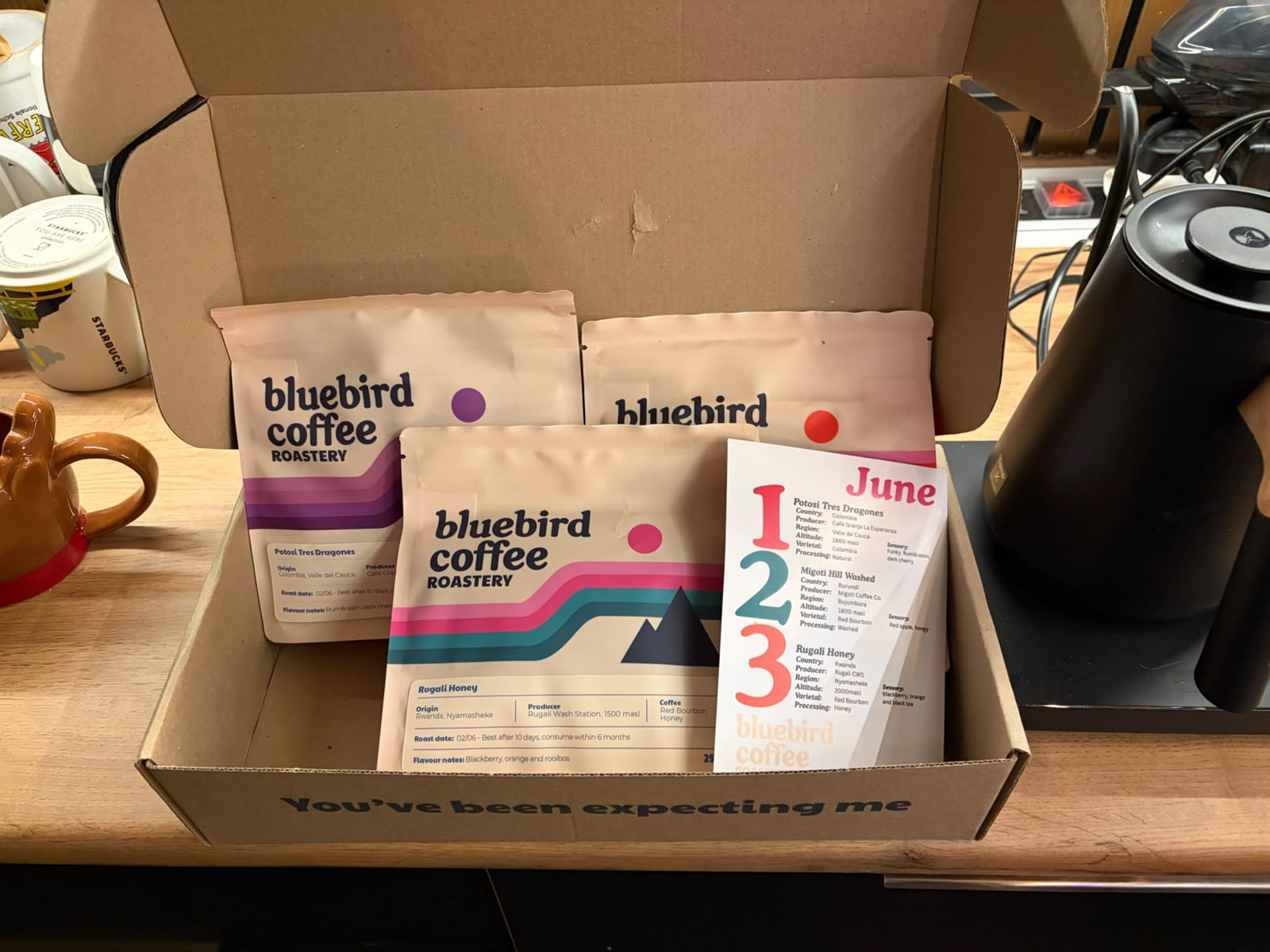 Bluebird Coffee subscription box (June 2026) — Potosí Tres Dragones, Migoti Hill Washed, Rugali Honey