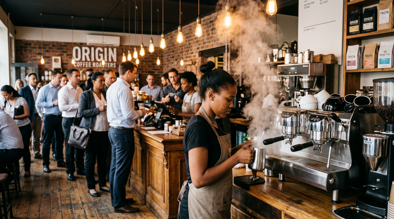 Morning rush at a busy South African café, barista at work behind a commercial espresso machine