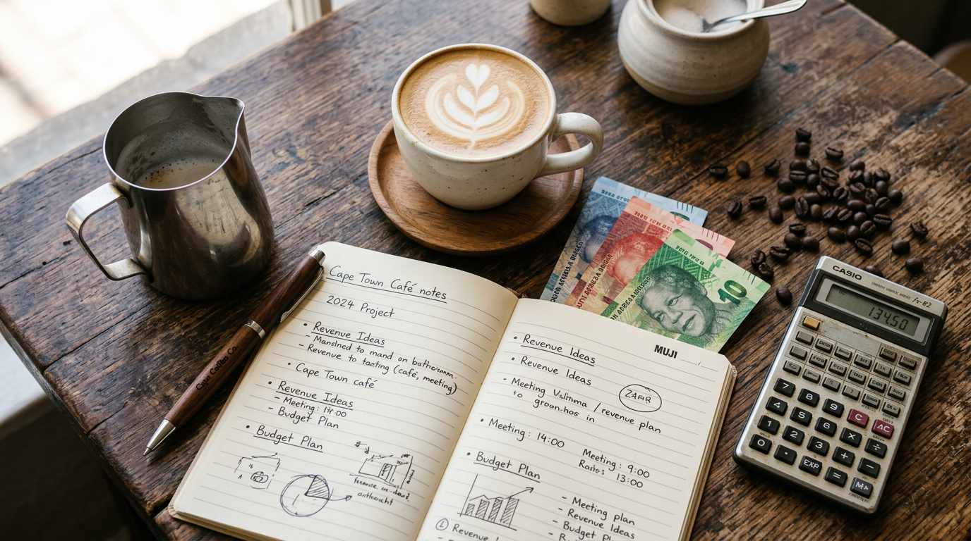 Infographic-style flat lay of a flat white surrounded by coffee beans, milk and a calculator