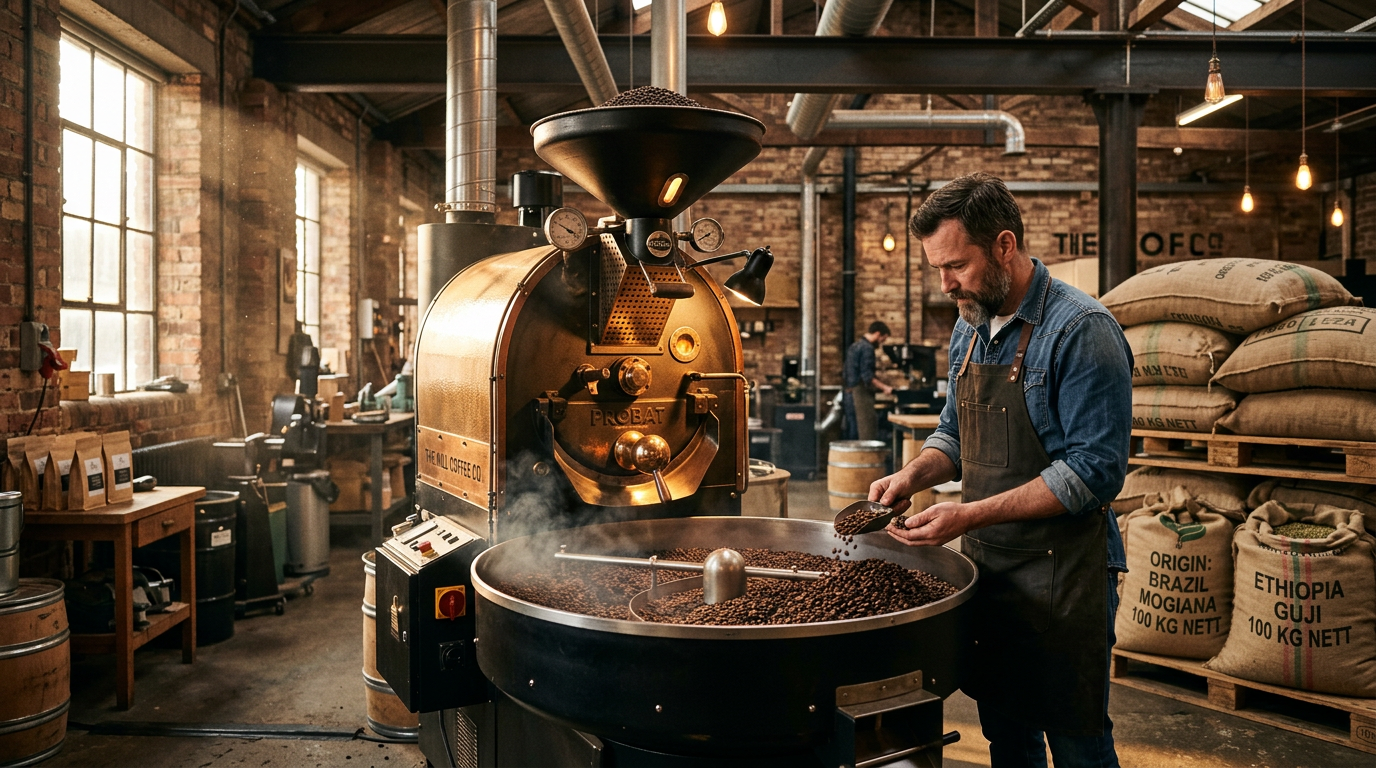 Coffee roastery interior with a commercial roaster and sacks of green beans