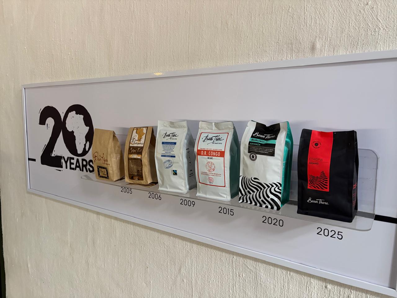 Bean There 20 Years timeline display — packaging evolution from 2005 kraft bags to 2025 bold black bags with red Ethiopia Sidamo label, each year\'s bag design on a shelf