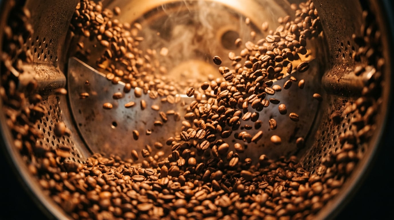 Coffee beans being roasted at Brüder Coffee Roastery