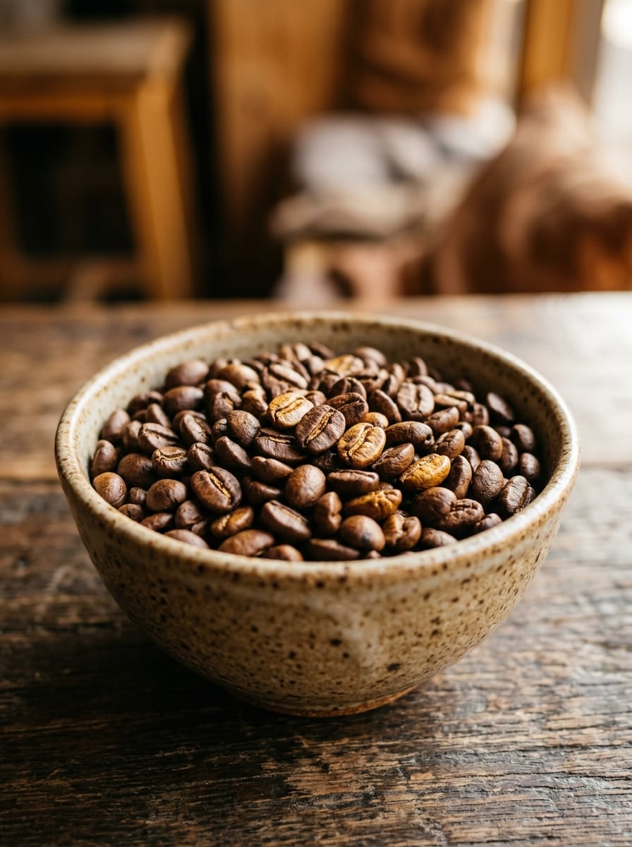 Close-up of perfectly roasted Ethiopia Geisha coffee beans