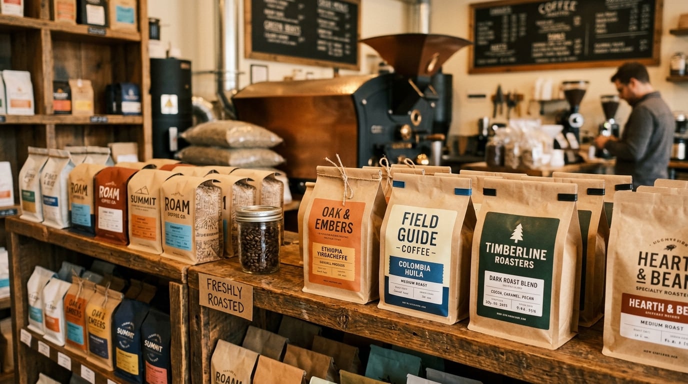 Specialty coffee beans on display at Heavenly Coffees roastery