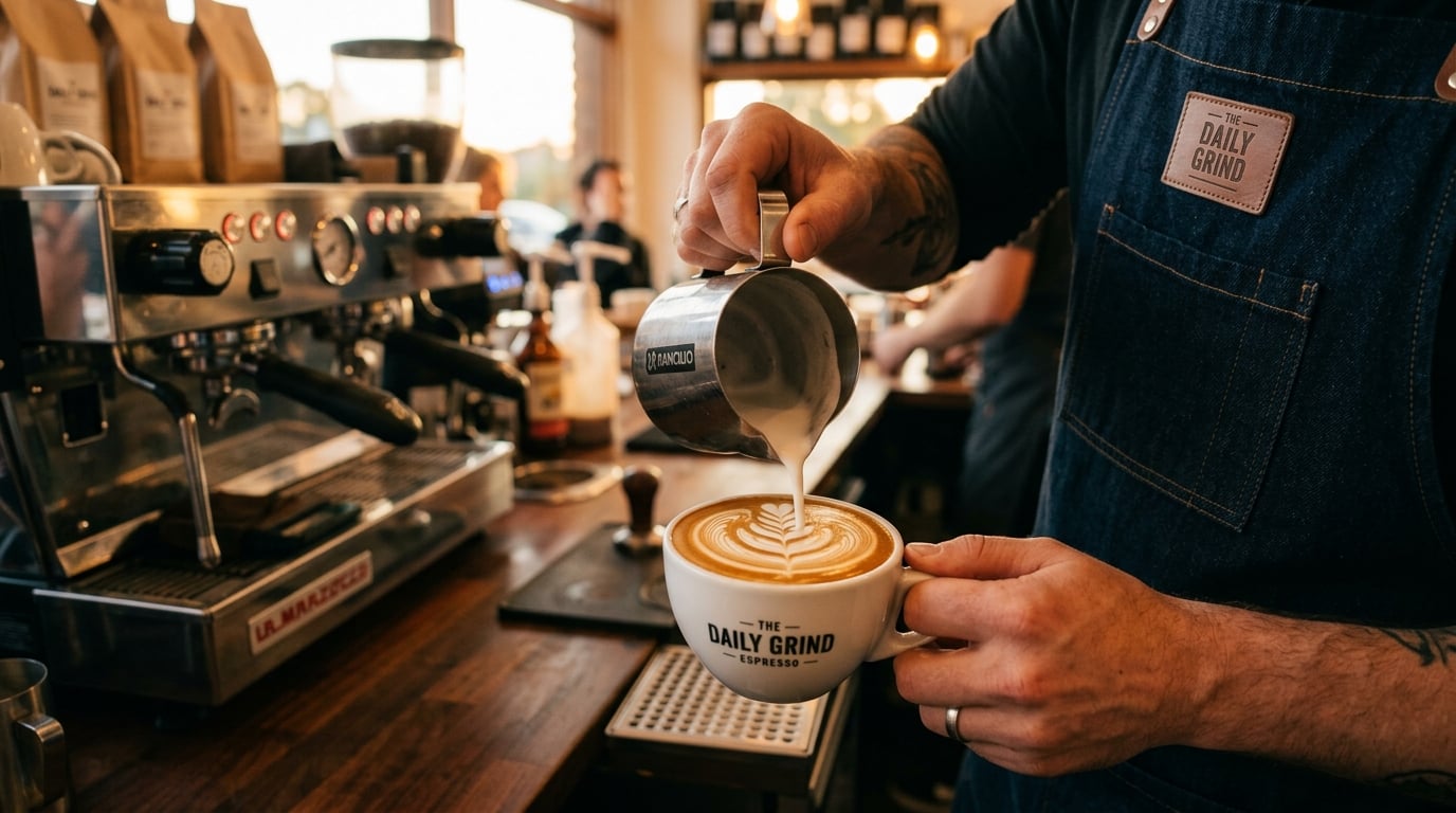 Latte art being poured at Origin Coffee Roasting, De Waterkant